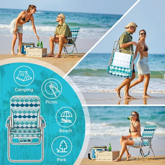 Alt view image 5 of 6 - Folding Beach Chairs for Adults, High Back Lightweight for Camp Lawn | Tall Camping Chairs with Shoulder Straps Hard Armrest, Supports 300lbs for Outdoor Concert (Cyan Blue)