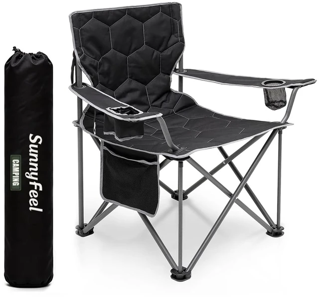 Main image of Oversized Camping Chair for Adults, Heavy Duty 500LBS Black | Padded oversized camping chair with cup holder & side pocket. Portable folding lawn chair for outdoor beach picnic fishing