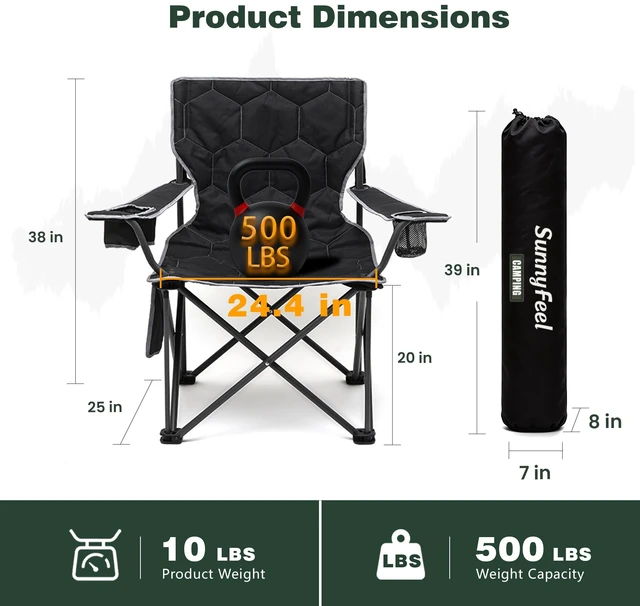 Alt view image 3 of 7 - Oversized Camping Chair for Adults, Heavy Duty 500LBS Black | Padded oversized camping chair with cup holder & side pocket. Portable folding lawn chair for outdoor beach picnic fishing