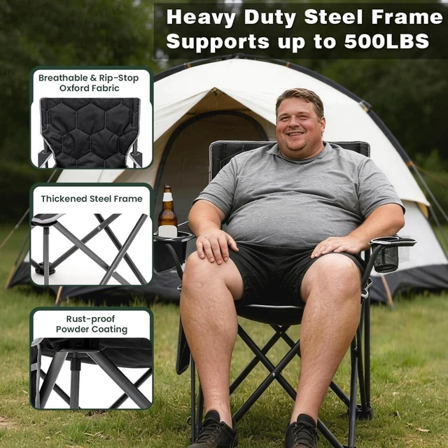 Alt view image 5 of 7 - Oversized Camping Chair for Adults, Heavy Duty 500LBS Black | Padded oversized camping chair with cup holder & side pocket. Portable folding lawn chair for outdoor beach picnic fishing