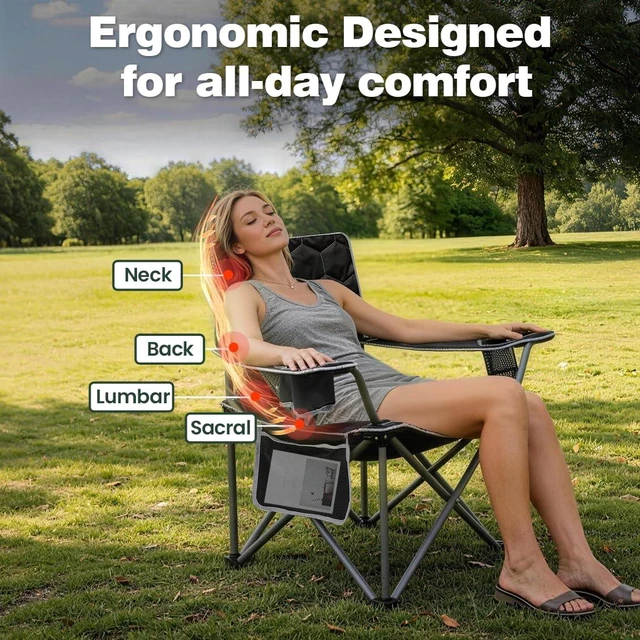Alt view image 4 of 7 - Oversized Camping Chair for Adults, Heavy Duty 500LBS Black | Padded oversized camping chair with cup holder & side pocket. Portable folding lawn chair for outdoor beach picnic fishing