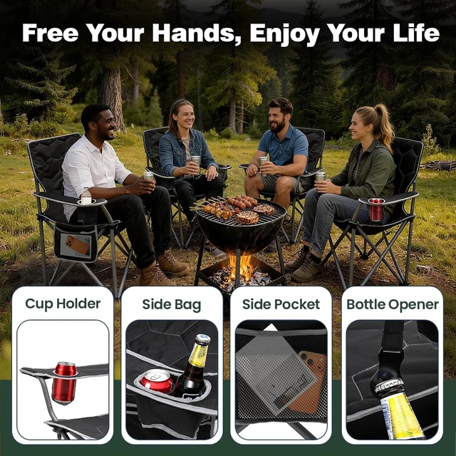 Alt view image 6 of 7 - Oversized Camping Chair for Adults, Heavy Duty 500LBS Black | Padded oversized camping chair with cup holder & side pocket. Portable folding lawn chair for outdoor beach picnic fishing