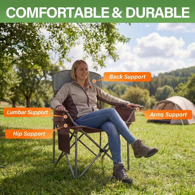 Alt view image 3 of 6 - Oversized Camping Chairs 2 Pack - Heavy Duty 400LBS Padded Lawn Chair with Cooler Bag,Cup Holder,Side Pocket,Collapsible for Outdoor,Camp,Fishing & Garden,Maroon
