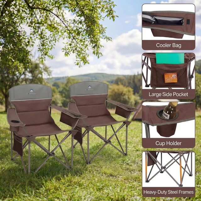 Alt view image 4 of 6 - Oversized Camping Chairs 2 Pack - Heavy Duty 400LBS Padded Lawn Chair with Cooler Bag,Cup Holder,Side Pocket,Collapsible for Outdoor,Camp,Fishing & Garden,Maroon