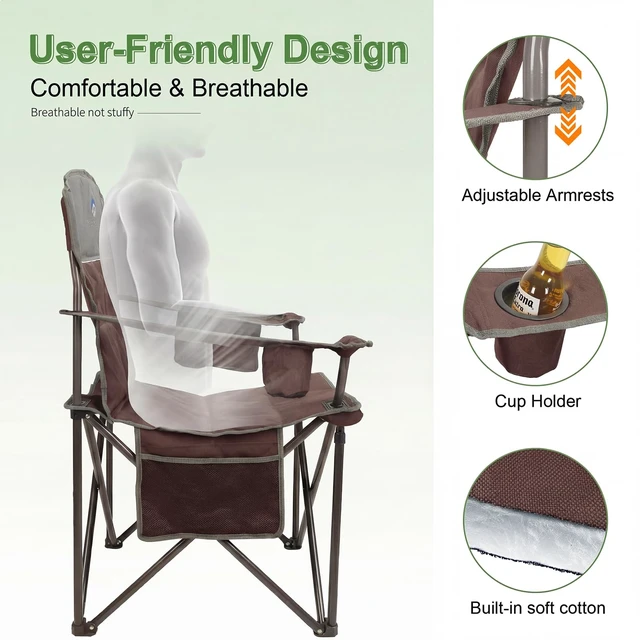 Alt view image 5 of 6 - Oversized Camping Chairs 2 Pack - Heavy Duty 400LBS Padded Lawn Chair with Cooler Bag,Cup Holder,Side Pocket,Collapsible for Outdoor,Camp,Fishing & Garden,Maroon