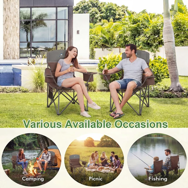 Alt view image 6 of 6 - Oversized Camping Chairs 2 Pack - Heavy Duty 400LBS Padded Lawn Chair with Cooler Bag,Cup Holder,Side Pocket,Collapsible for Outdoor,Camp,Fishing & Garden,Maroon