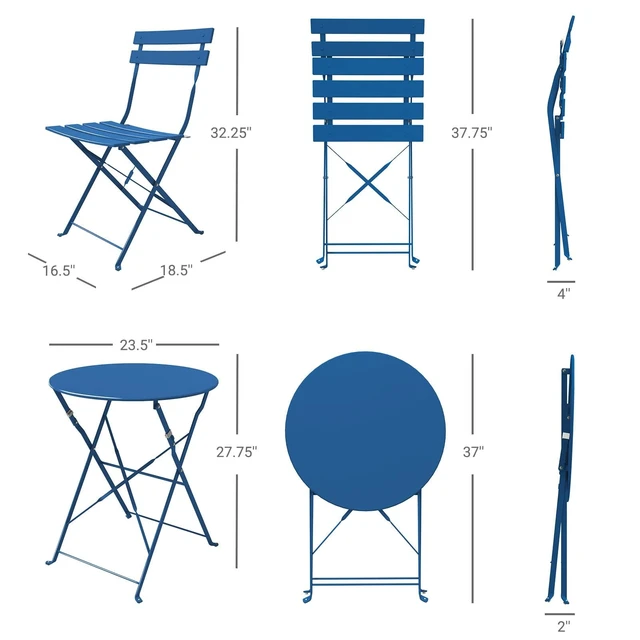 Alt view image 3 of 7 - 3 Piece Folding Patio Bistro Set for Outdoor, Peacock Blue | Steel Frame, Foldable Table and Chairs, for Balcony Garden Patio, Folding Outdoor Patio Furniture Sets