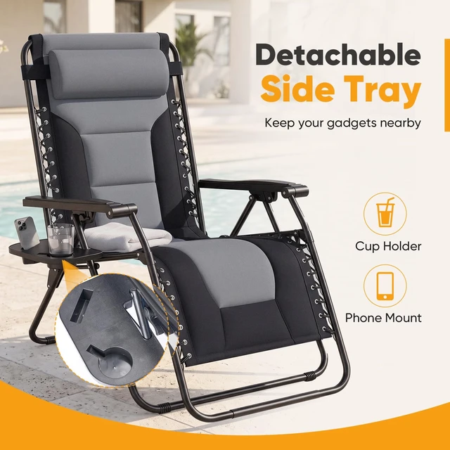 Alt view image 4 of 7 - Padded Zero Gravity Chairs Set of 2, Oversized Lounge Chairs | Folding Outdoor Beach Reclining Camping Patio Recliner Chair with Adjustable Pillow and Trays for Poolside Lawn, Matte Grey