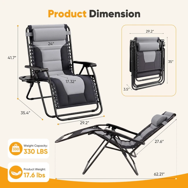 Alt view image 2 of 7 - Padded Zero Gravity Chairs Set of 2, Oversized Lounge Chairs | Folding Outdoor Beach Reclining Camping Patio Recliner Chair with Adjustable Pillow and Trays for Poolside Lawn, Matte Grey