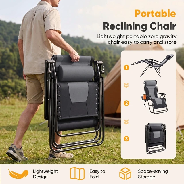 Alt view image 7 of 7 - Padded Zero Gravity Chairs Set of 2, Oversized Lounge Chairs | Folding Outdoor Beach Reclining Camping Patio Recliner Chair with Adjustable Pillow and Trays for Poolside Lawn, Matte Grey