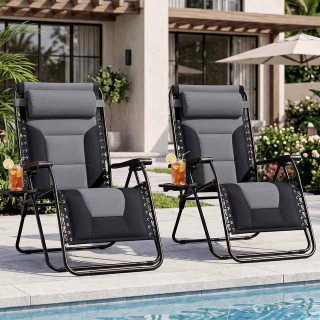 Alt view image 3 of 7 - Padded Zero Gravity Chairs Set of 2, Oversized Lounge Chairs | Folding Outdoor Beach Reclining Camping Patio Recliner Chair with Adjustable Pillow and Trays for Poolside Lawn, Matte Grey