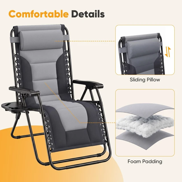 Alt view image 6 of 7 - Padded Zero Gravity Chairs Set of 2, Oversized Lounge Chairs | Folding Outdoor Beach Reclining Camping Patio Recliner Chair with Adjustable Pillow and Trays for Poolside Lawn, Matte Grey