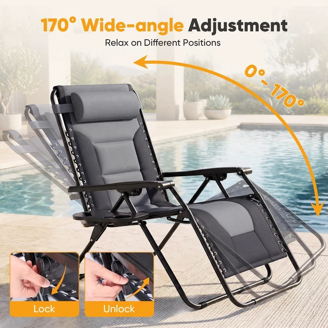 Alt view image 5 of 7 - Padded Zero Gravity Chairs Set of 2, Oversized Lounge Chairs | Folding Outdoor Beach Reclining Camping Patio Recliner Chair with Adjustable Pillow and Trays for Poolside Lawn, Matte Grey