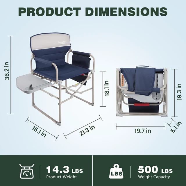 Alt view image 2 of 7 - Oversized Directors Camping Chair for Adults with Side Table Portable Folding Chair 500 LBS with Padded Back, Cup Holder, Side Pocket & Carry Bag for Camping, Fish, Lawn, Beach