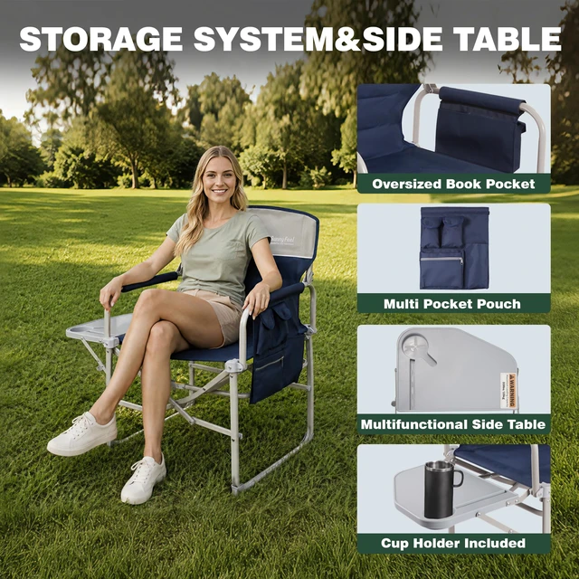 Alt view image 5 of 7 - Oversized Directors Camping Chair for Adults with Side Table Portable Folding Chair 500 LBS with Padded Back, Cup Holder, Side Pocket & Carry Bag for Camping, Fish, Lawn, Beach