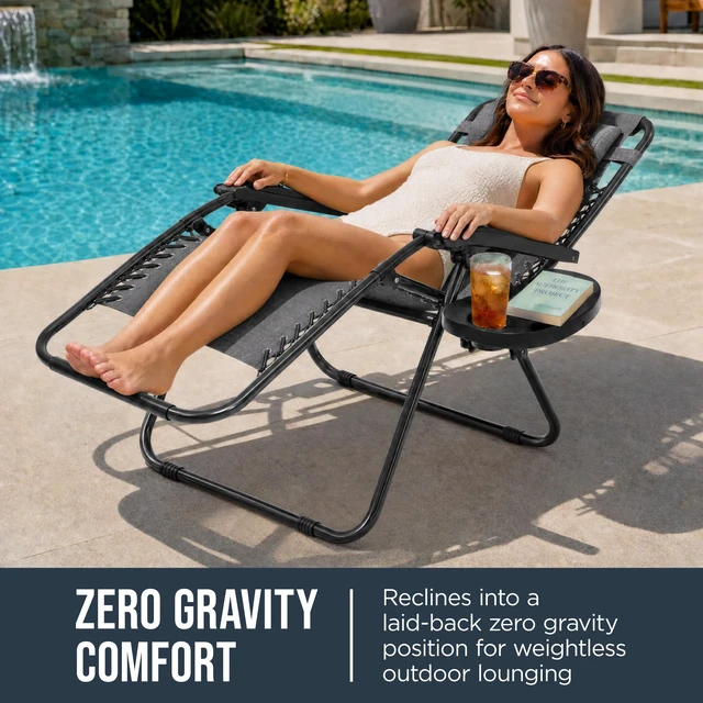 Alt view image 2 of 7 - Zero Gravity Chair w/Headrest, Cup Holder Side Tray, Foldable Lounge Chair with Reclining Positions for Patios Decks Porches - Gray