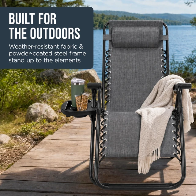 Alt view image 6 of 7 - Zero Gravity Chair w/Headrest, Cup Holder Side Tray, Foldable Lounge Chair with Reclining Positions for Patios Decks Porches - Gray