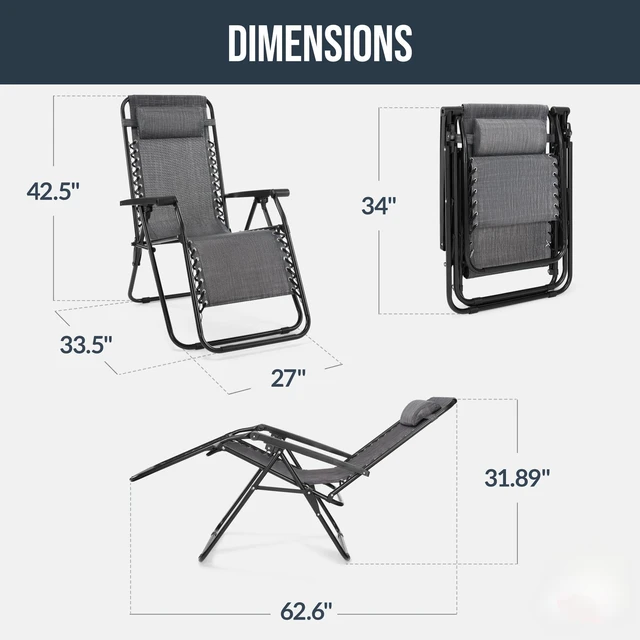 Alt view image 5 of 7 - Zero Gravity Chair w/Headrest, Cup Holder Side Tray, Foldable Lounge Chair with Reclining Positions for Patios Decks Porches - Gray