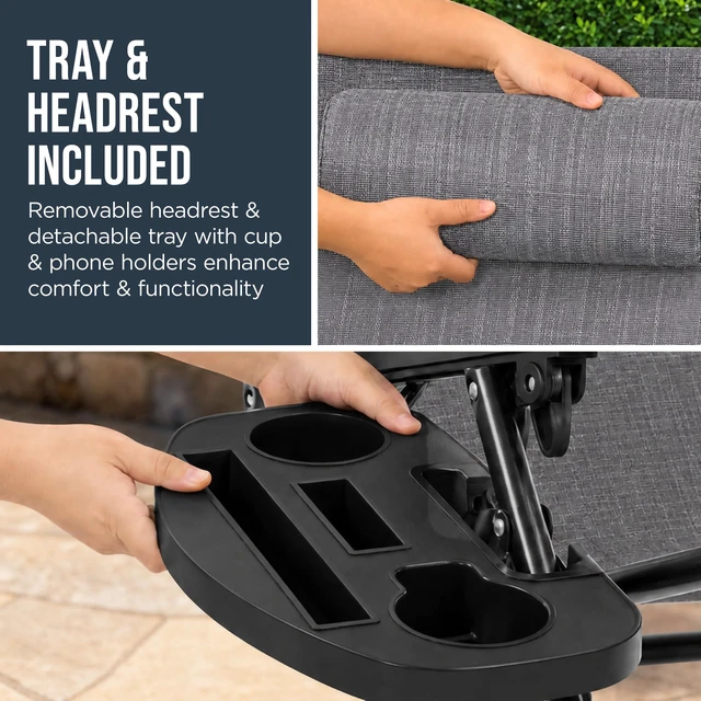 Alt view image 4 of 7 - Zero Gravity Chair w/Headrest, Cup Holder Side Tray, Foldable Lounge Chair with Reclining Positions for Patios Decks Porches - Gray