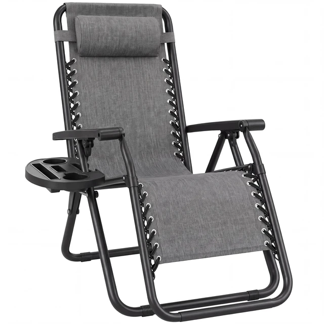 Main image of Zero Gravity Chair w/Headrest, Cup Holder Side Tray, Foldable Lounge Chair with Reclining Positions for Patios Decks Porches - Gray