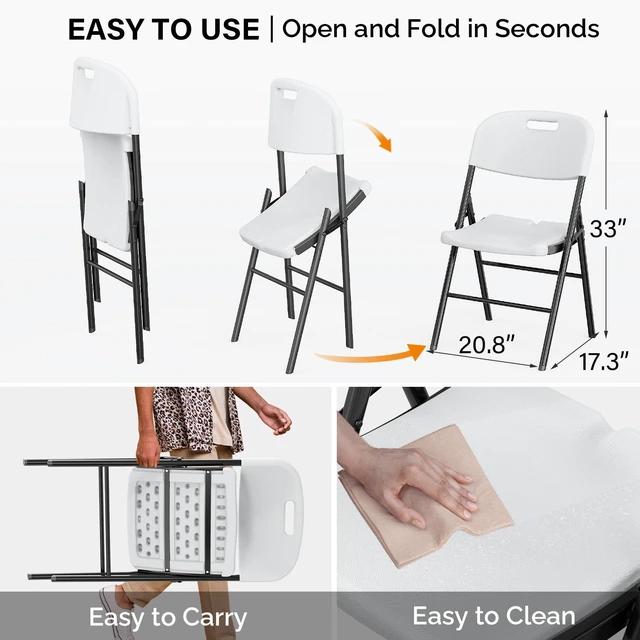 Alt view image 3 of 7 - Folding Chairs, Heavy Duty Foldable Chair Portable HDPE Plastic Seat with Steel Frame for Indoor Outdoor Dinning Party Wedding School Use, White, 4 Pack