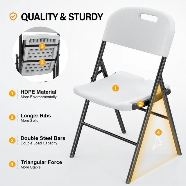 Alt view image 2 of 7 - Folding Chairs, Heavy Duty Foldable Chair Portable HDPE Plastic Seat with Steel Frame for Indoor Outdoor Dinning Party Wedding School Use, White, 4 Pack