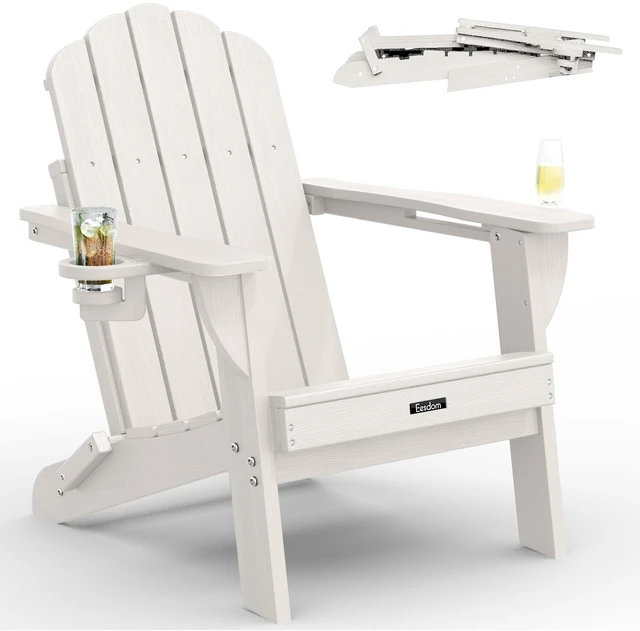 Main image of Folding Adirondack Chair, All-Weather HDPE Patio Chair with 2 Cup Holders | Wide Armrest, Wood Grain, Oversized Plastic Outdoor Chair for Garden, Pool, Porch, Lawn(White)