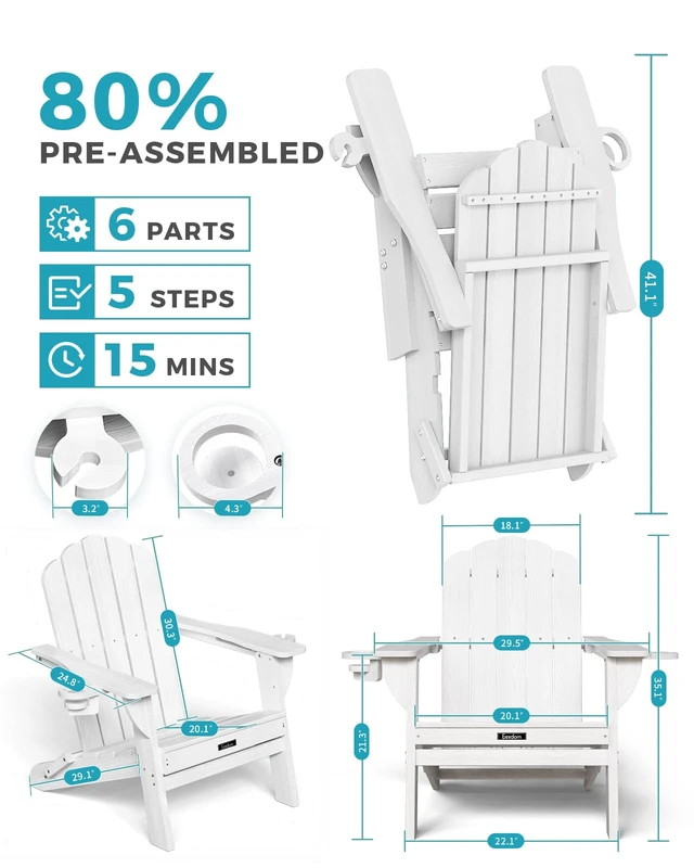 Alt view image 2 of 7 - Folding Adirondack Chair, All-Weather HDPE Patio Chair with 2 Cup Holders | Wide Armrest, Wood Grain, Oversized Plastic Outdoor Chair for Garden, Pool, Porch, Lawn(White)