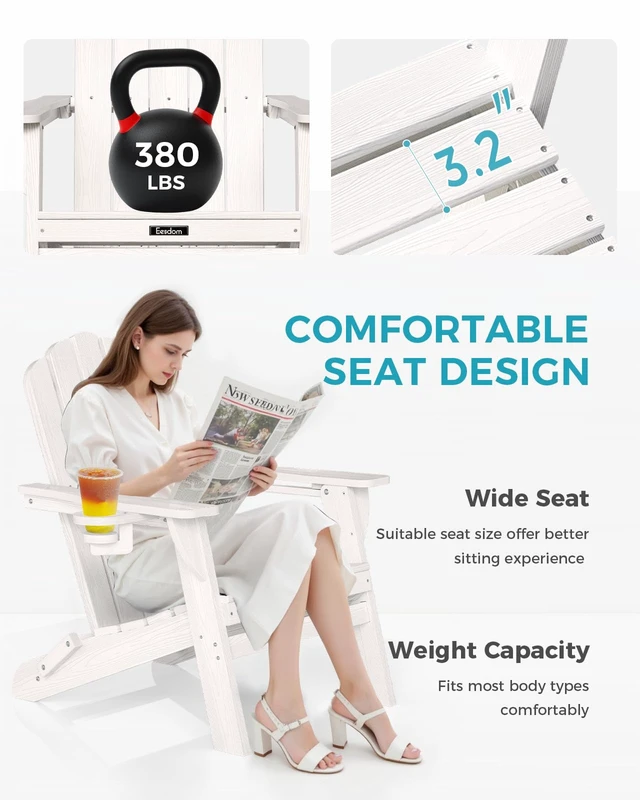 Alt view image 3 of 7 - Folding Adirondack Chair, All-Weather HDPE Patio Chair with 2 Cup Holders | Wide Armrest, Wood Grain, Oversized Plastic Outdoor Chair for Garden, Pool, Porch, Lawn(White)