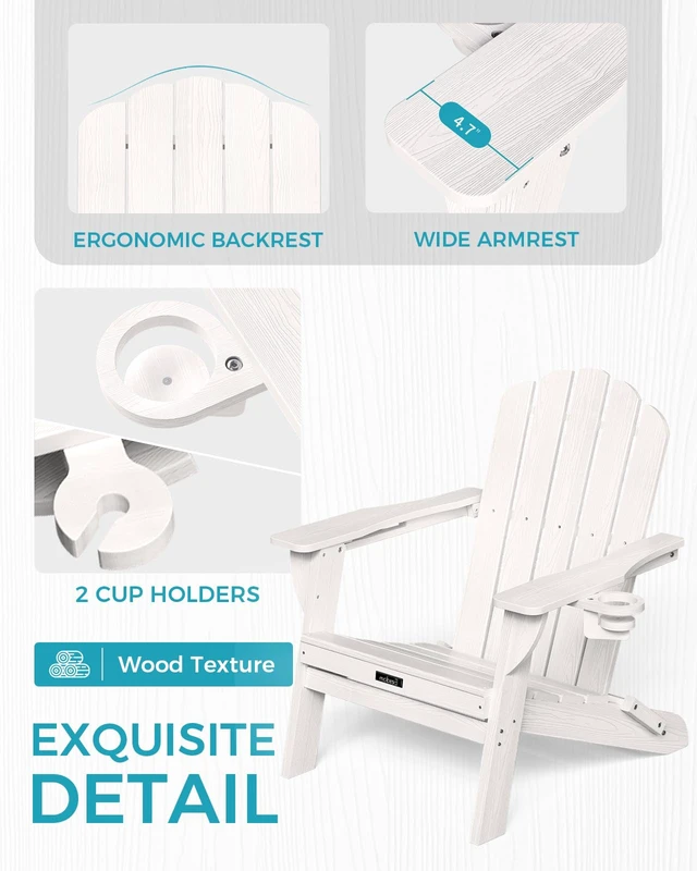 Alt view image 4 of 7 - Folding Adirondack Chair, All-Weather HDPE Patio Chair with 2 Cup Holders | Wide Armrest, Wood Grain, Oversized Plastic Outdoor Chair for Garden, Pool, Porch, Lawn(White)