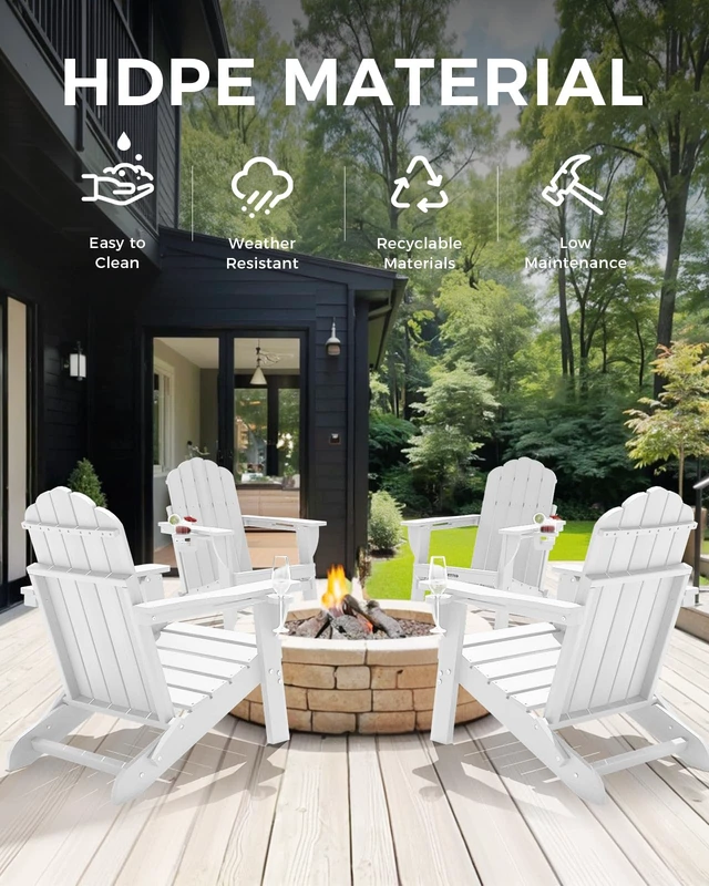 Alt view image 5 of 7 - Folding Adirondack Chair, All-Weather HDPE Patio Chair with 2 Cup Holders | Wide Armrest, Wood Grain, Oversized Plastic Outdoor Chair for Garden, Pool, Porch, Lawn(White)