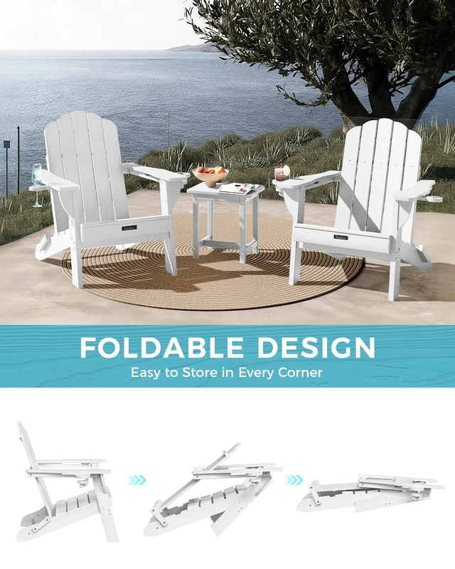Alt view image 7 of 7 - Folding Adirondack Chair, All-Weather HDPE Patio Chair with 2 Cup Holders | Wide Armrest, Wood Grain, Oversized Plastic Outdoor Chair for Garden, Pool, Porch, Lawn(White)