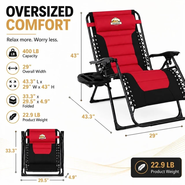 Alt view image 2 of 7 - Oversized Zero Gravity Chair, 400-lb Capacity Recliner | 29" Wide Heavy Duty Foldable Anti-Gravity Reclining Lounge Chair with Cup Holder, Pillow for Patio, Lawn, Beach & Outdoor Use
