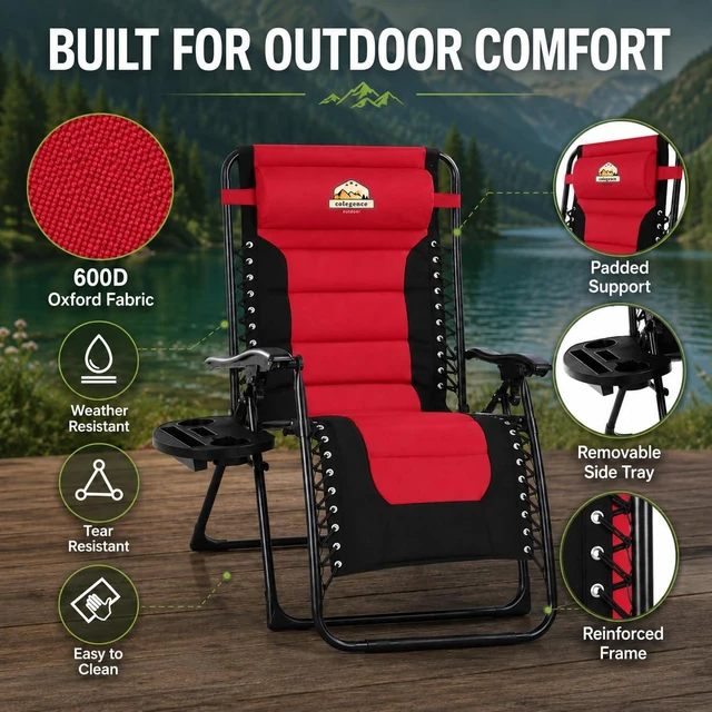Alt view image 5 of 7 - Oversized Zero Gravity Chair, 400-lb Capacity Recliner | 29" Wide Heavy Duty Foldable Anti-Gravity Reclining Lounge Chair with Cup Holder, Pillow for Patio, Lawn, Beach & Outdoor Use