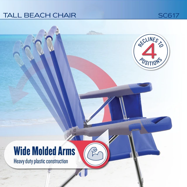 Alt view image 4 of 7 - 4-Position Extended-Height Hi-Boy Beach Chair, Multi | 17 in Seat Height, Carry Strap, Storage Pouch, Wide Molded Arms, Aluminum Frame, Foldable, Weight Capacity: 250 lbs