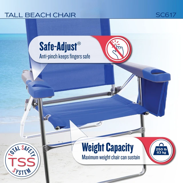 Alt view image 3 of 7 - 4-Position Extended-Height Hi-Boy Beach Chair, Multi | 17 in Seat Height, Carry Strap, Storage Pouch, Wide Molded Arms, Aluminum Frame, Foldable, Weight Capacity: 250 lbs