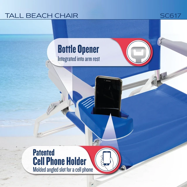Alt view image 6 of 7 - 4-Position Extended-Height Hi-Boy Beach Chair, Multi | 17 in Seat Height, Carry Strap, Storage Pouch, Wide Molded Arms, Aluminum Frame, Foldable, Weight Capacity: 250 lbs