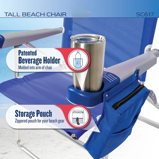 Alt view image 7 of 7 - 4-Position Extended-Height Hi-Boy Beach Chair, Multi | 17 in Seat Height, Carry Strap, Storage Pouch, Wide Molded Arms, Aluminum Frame, Foldable, Weight Capacity: 250 lbs