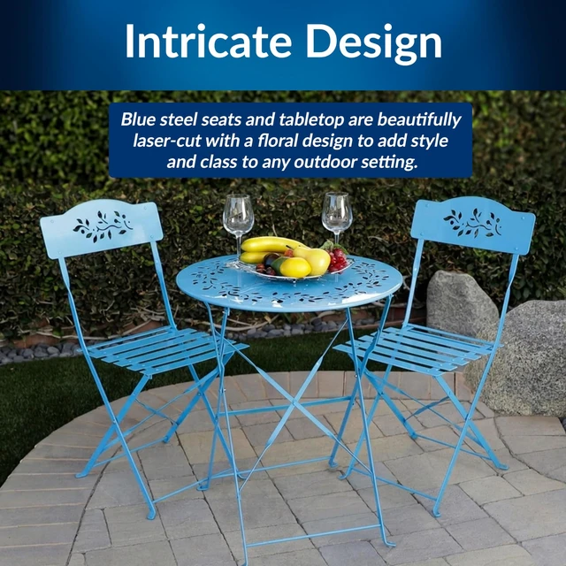 Alt view image 3 of 7 - 3-Piece Bistro Set with Folding Table and 2 Chairs, Durable Steel Indoor/Outdoor Patio Furniture, Compact Seating, Blue