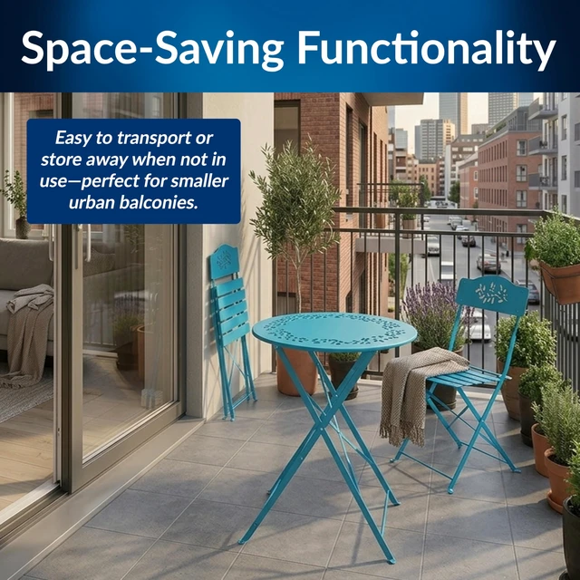 Alt view image 5 of 7 - 3-Piece Bistro Set with Folding Table and 2 Chairs, Durable Steel Indoor/Outdoor Patio Furniture, Compact Seating, Blue