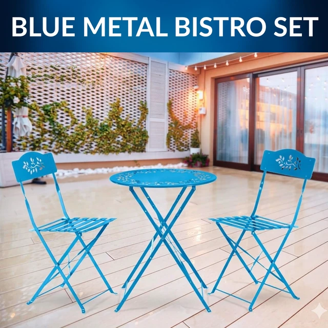 Alt view image 2 of 7 - 3-Piece Bistro Set with Folding Table and 2 Chairs, Durable Steel Indoor/Outdoor Patio Furniture, Compact Seating, Blue