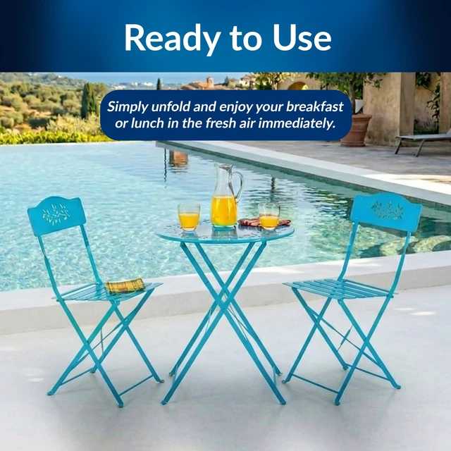 Alt view image 7 of 7 - 3-Piece Bistro Set with Folding Table and 2 Chairs, Durable Steel Indoor/Outdoor Patio Furniture, Compact Seating, Blue