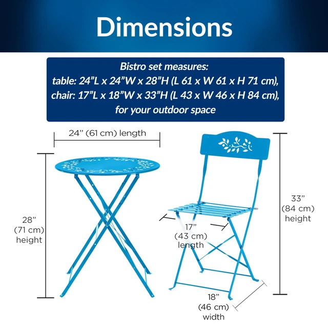 Alt view image 4 of 7 - 3-Piece Bistro Set with Folding Table and 2 Chairs, Durable Steel Indoor/Outdoor Patio Furniture, Compact Seating, Blue