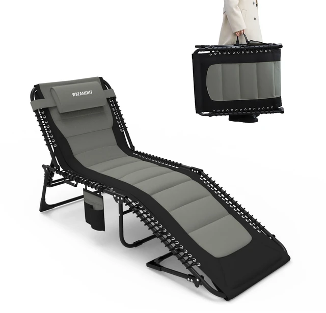Main image of Outdoor Folding Lounge Chair Padded for Adults 264Ibs Patio Chaise Lounge Chair for Outside 5-Position Adjustable Reclining Beach Chair with Pillow Pocket