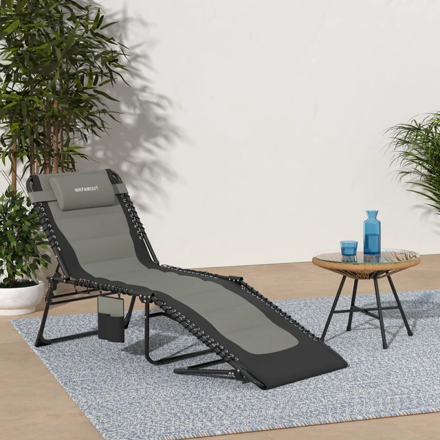 Alt view image 2 of 7 - Outdoor Folding Lounge Chair Padded for Adults 264Ibs Patio Chaise Lounge Chair for Outside 5-Position Adjustable Reclining Beach Chair with Pillow Pocket