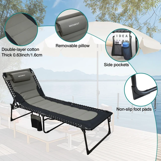 Alt view image 5 of 7 - Outdoor Folding Lounge Chair Padded for Adults 264Ibs Patio Chaise Lounge Chair for Outside 5-Position Adjustable Reclining Beach Chair with Pillow Pocket