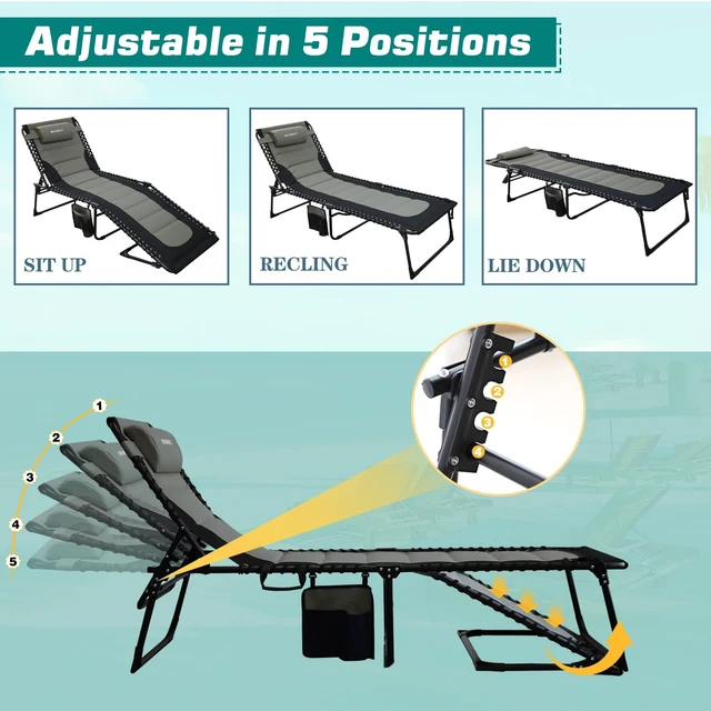 Alt view image 4 of 7 - Outdoor Folding Lounge Chair Padded for Adults 264Ibs Patio Chaise Lounge Chair for Outside 5-Position Adjustable Reclining Beach Chair with Pillow Pocket