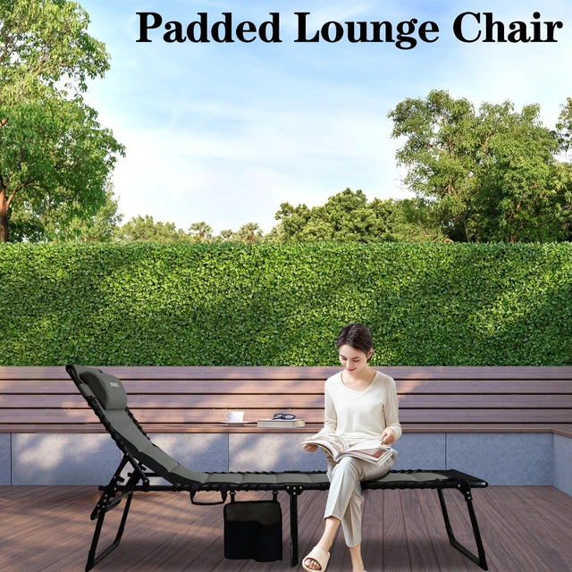 Alt view image 6 of 7 - Outdoor Folding Lounge Chair Padded for Adults 264Ibs Patio Chaise Lounge Chair for Outside 5-Position Adjustable Reclining Beach Chair with Pillow Pocket