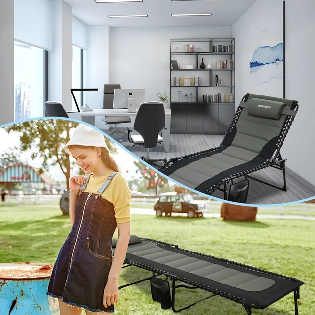 Alt view image 7 of 7 - Outdoor Folding Lounge Chair Padded for Adults 264Ibs Patio Chaise Lounge Chair for Outside 5-Position Adjustable Reclining Beach Chair with Pillow Pocket