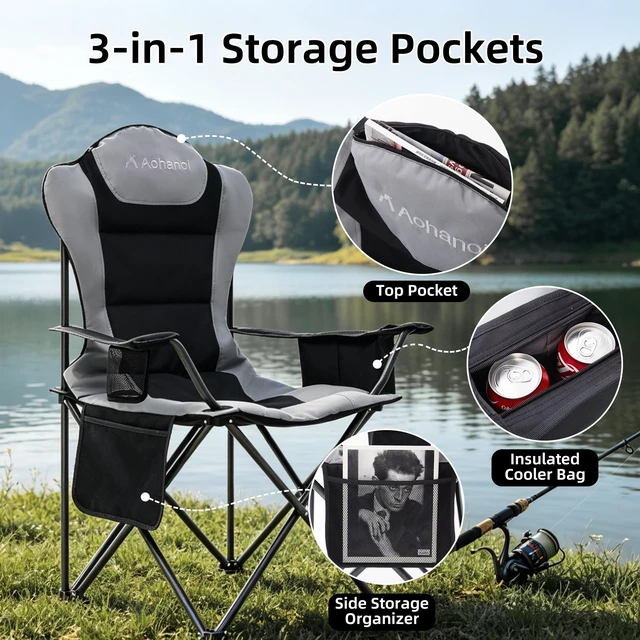 Alt view image 5 of 7 - Heavy Duty Camping Chairs for Adults with Cup Holder & Cooler Bag | 400lbs Heavy Duty Support, Hammer Tone Finish, 3 in 1 Storage Pockets, Standard Pivot Point